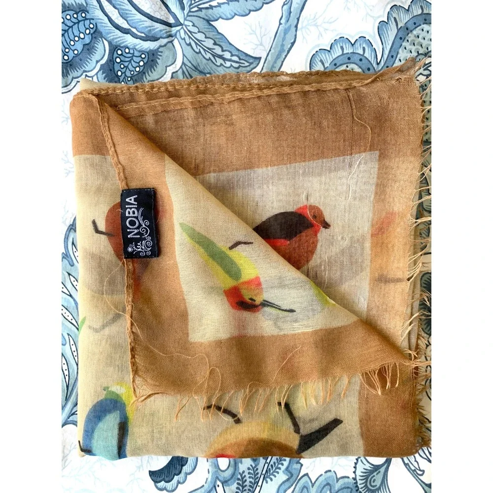Nobia Songbird Print Scarf Tan Multi Colorful Bird Lightweight Wrap 40x72 fringe